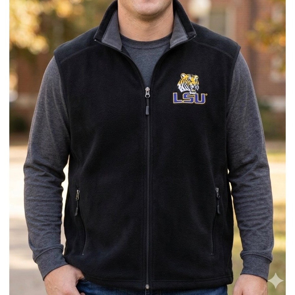 LSU Tigers Fleece Vest Mens XL Black Vesi Sportswear Full Zip Football College